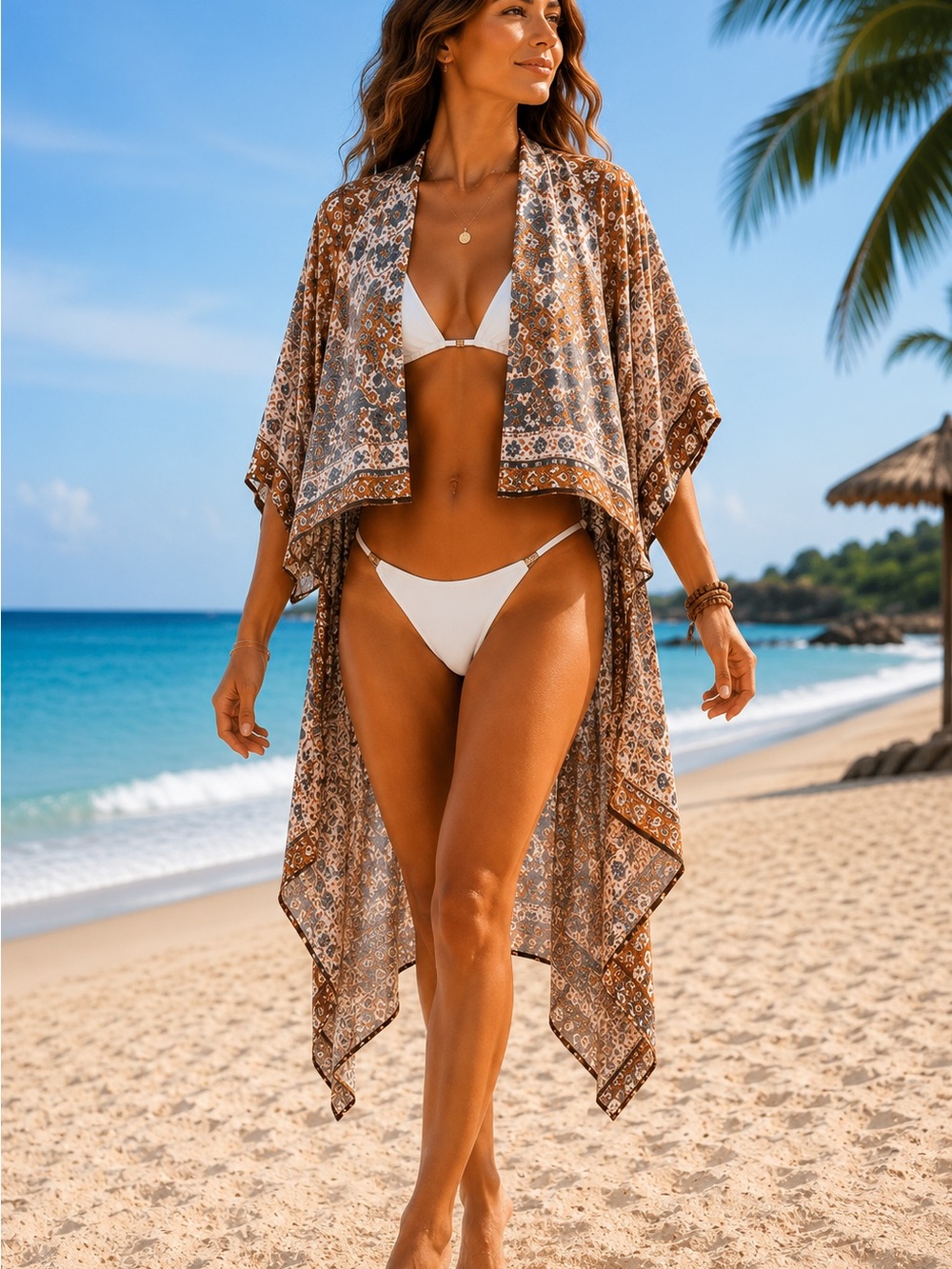 Boho Beach Kimono OS Cover Up Open Front High Low Drape Resort Travel Vacation